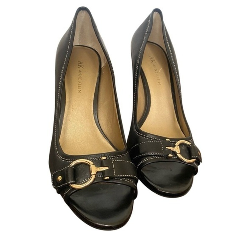 Anne Klein Black Peep Toe Heels 9 1/2 Gold Accent Classic Pump High Heel